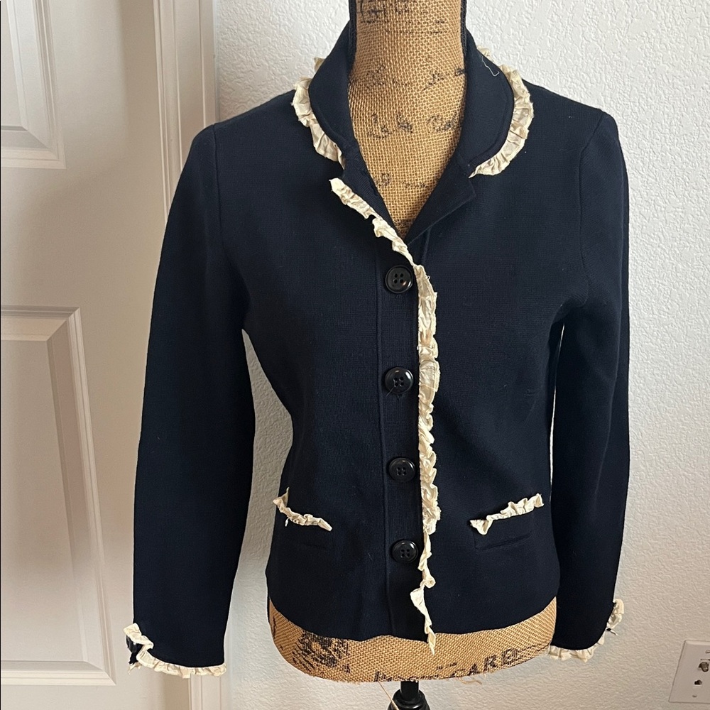 J. Crew Navy Cardigan Sweater with Cream Ruffle Accents